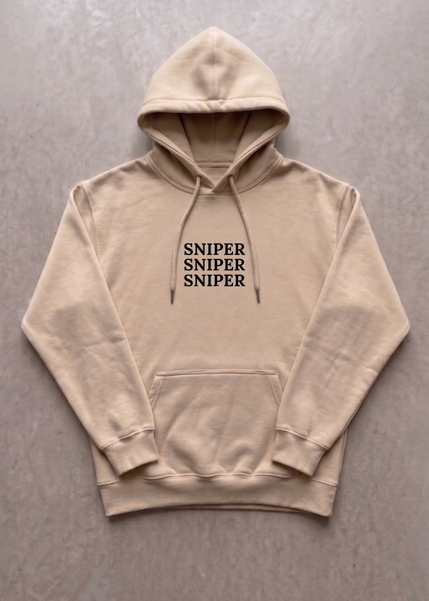 Beige hoodie with 'SNIPER SNIPER SNIPER' text on a gray background