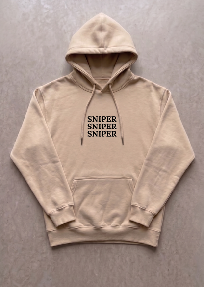 Beige hoodie with 'SNIPER SNIPER SNIPER' text on a gray background