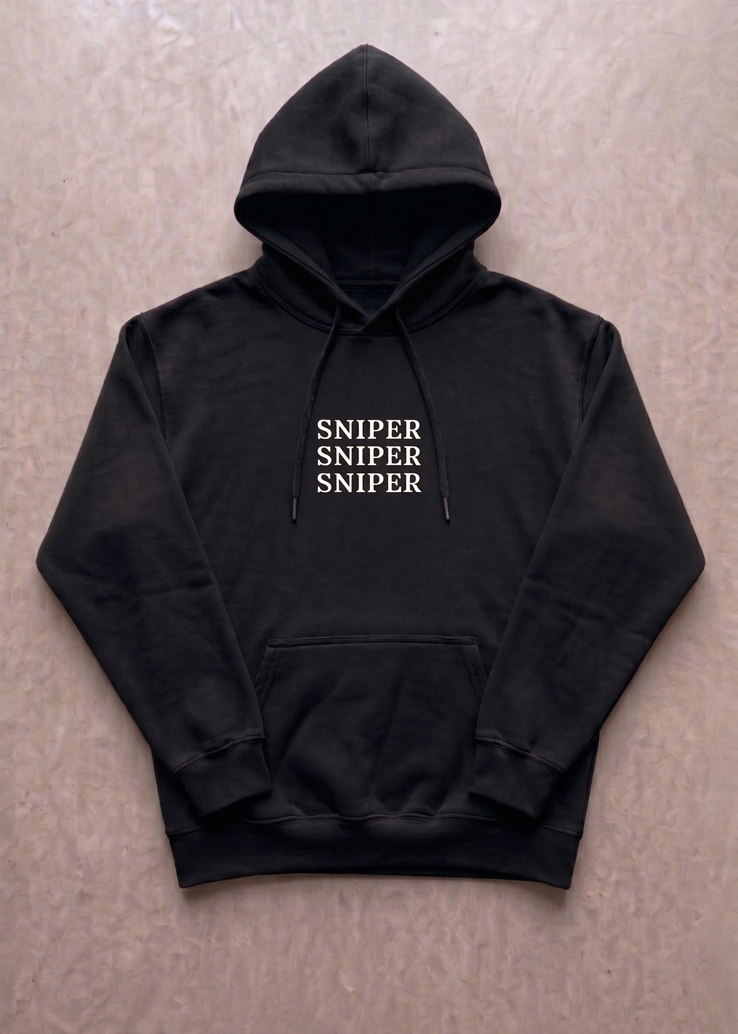 Black hoodie with 'SNIPER SNIPER SNIPER' text on a beige background