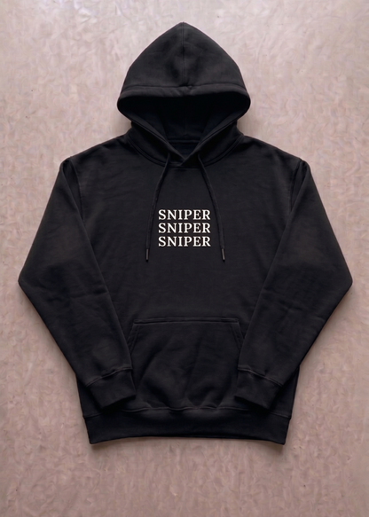 Black hoodie with 'SNIPER SNIPER SNIPER' text on a beige background