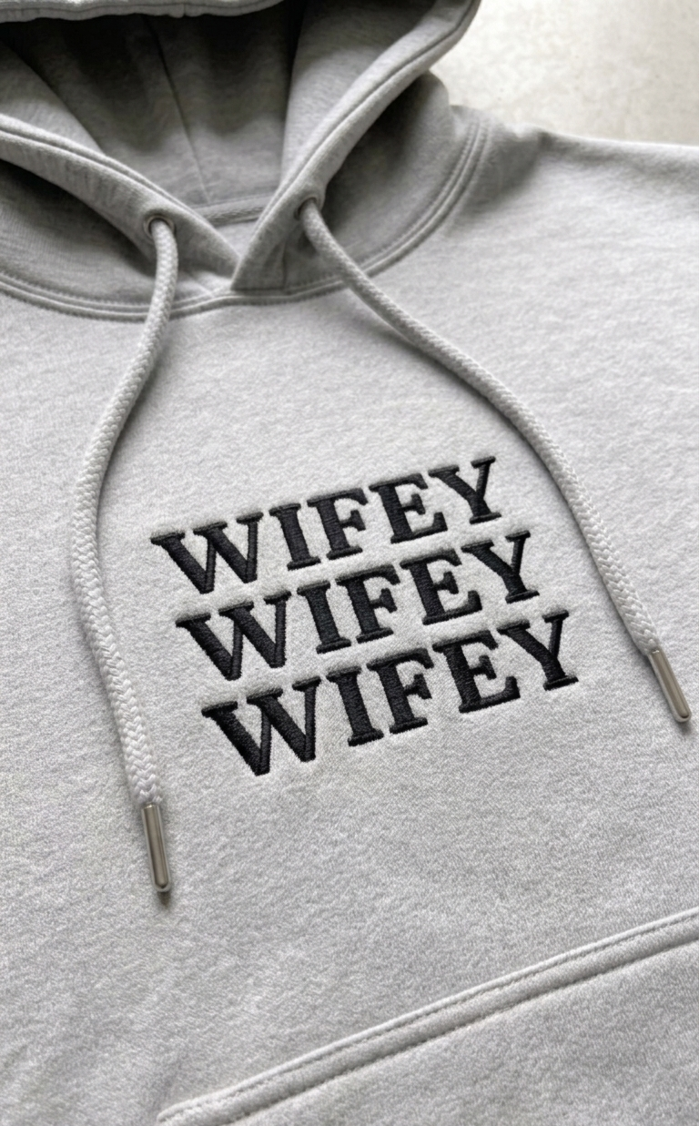 Gray hoodie with 'WIFEY WIFEY WIFEY' text on a plain background