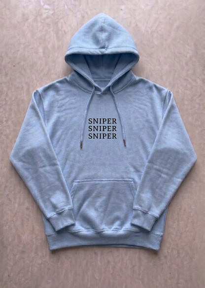 blue hoodie with 'SNIPER SNIPER SNIPER' text on a beige background