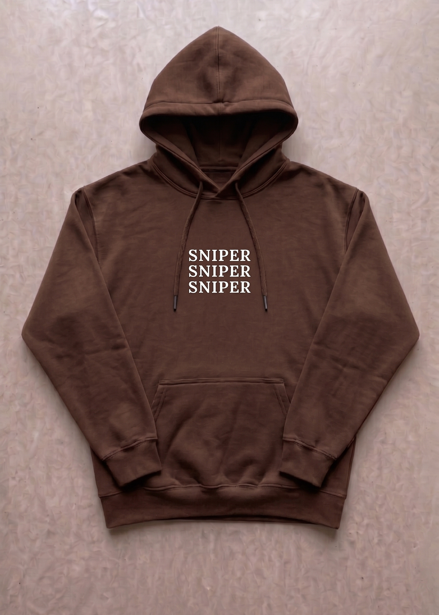 Brown hoodie with 'SNIPER' text on a beige background