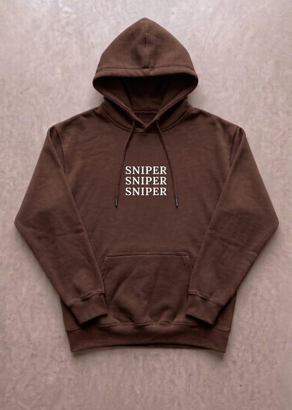 Brown hoodie with 'SNIPER' text on a beige background