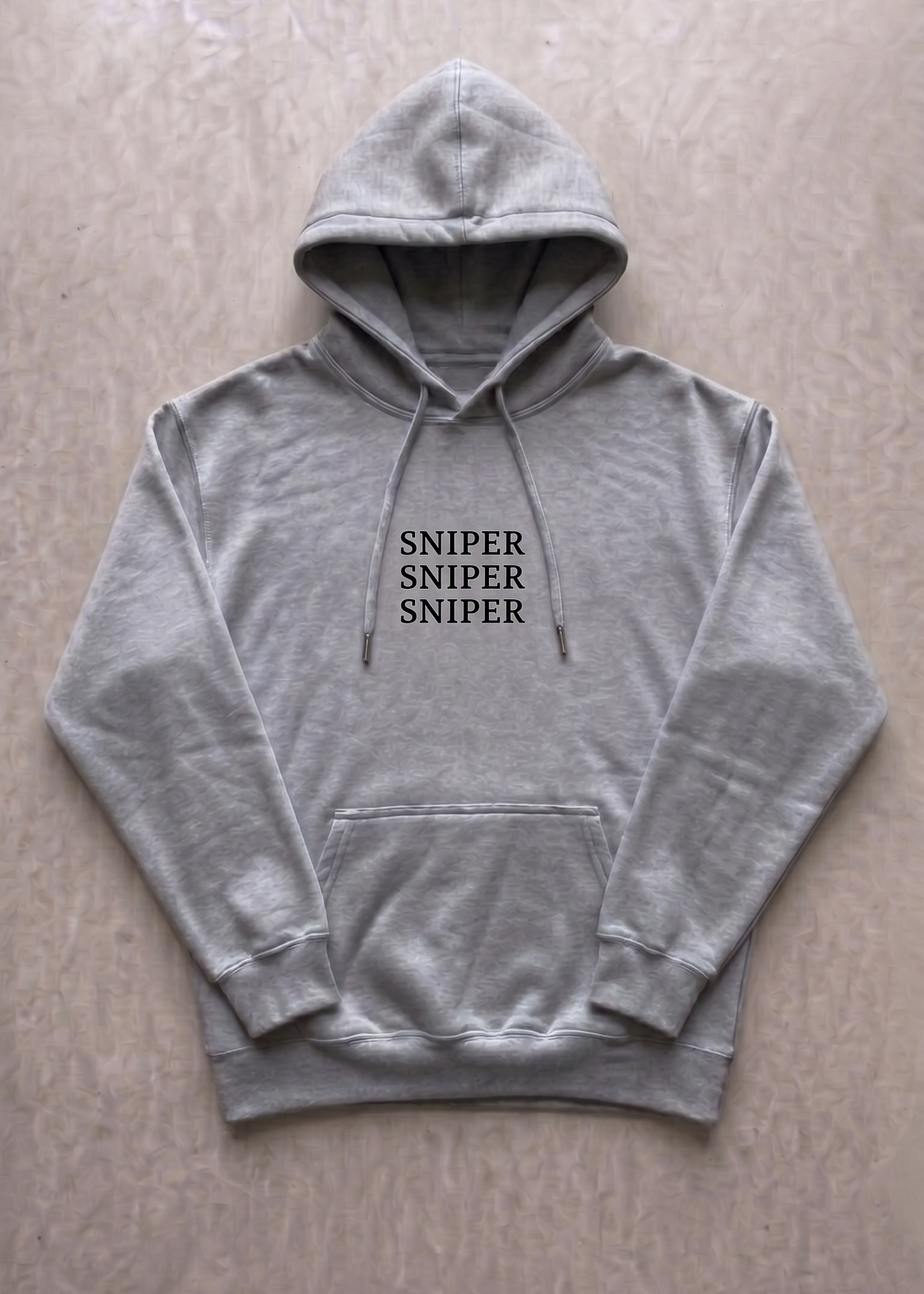 Gray hoodie with 'SNIPER SNIPER SNIPER' text on a beige background