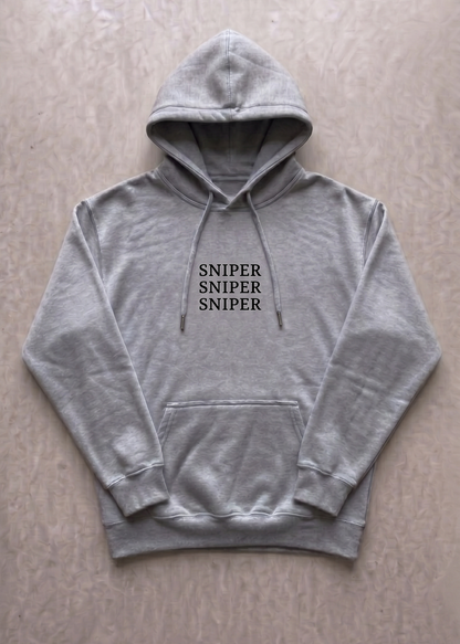 Gray hoodie with 'SNIPER SNIPER SNIPER' text on a beige background