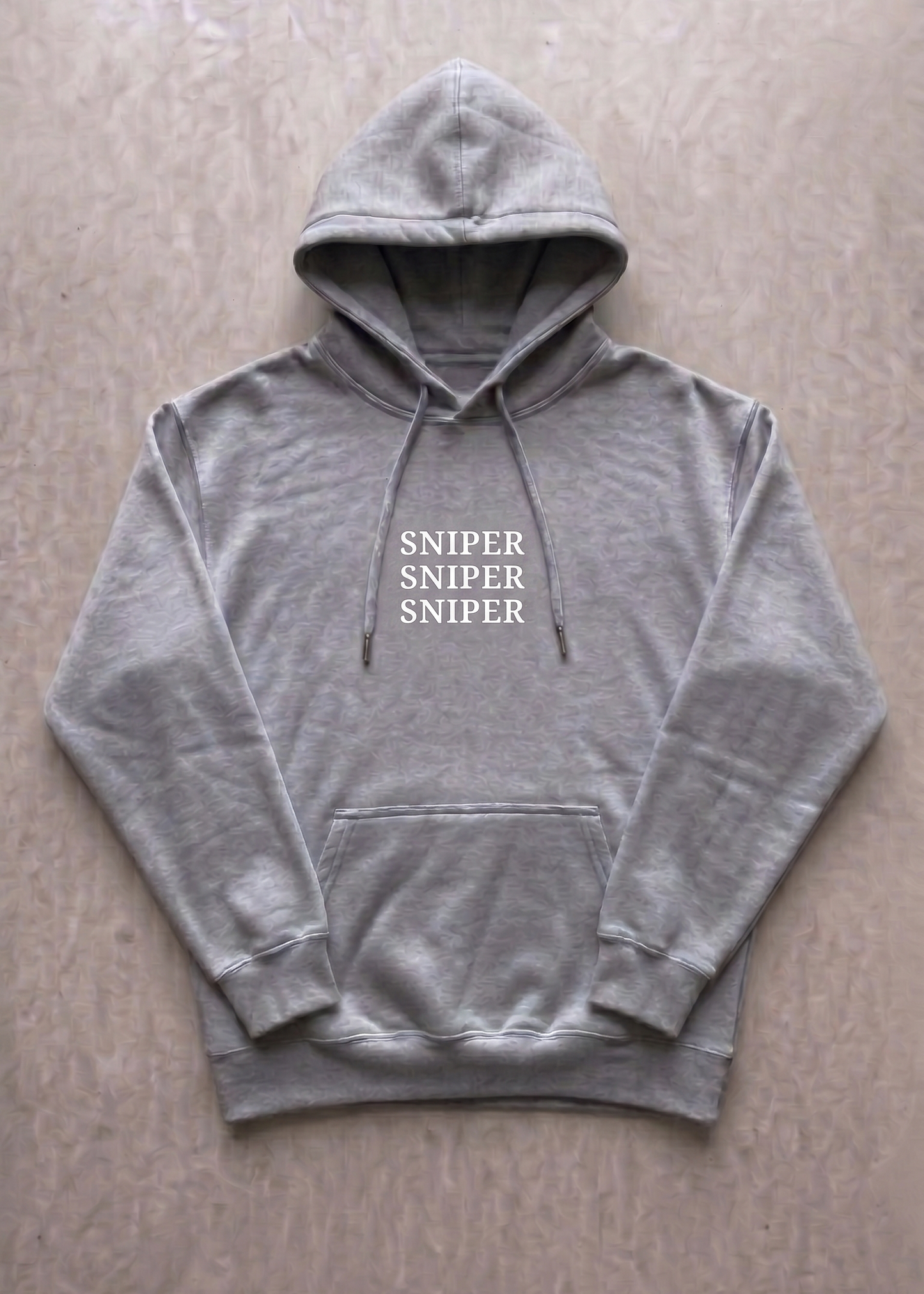Gray hoodie with 'SNIPER' text printed on a beige background