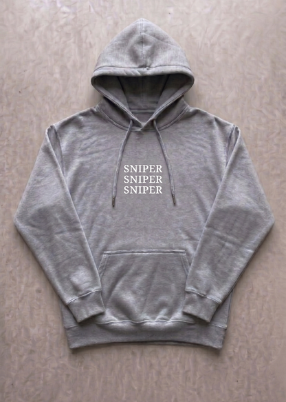 Gray hoodie with 'SNIPER' text printed on a beige background