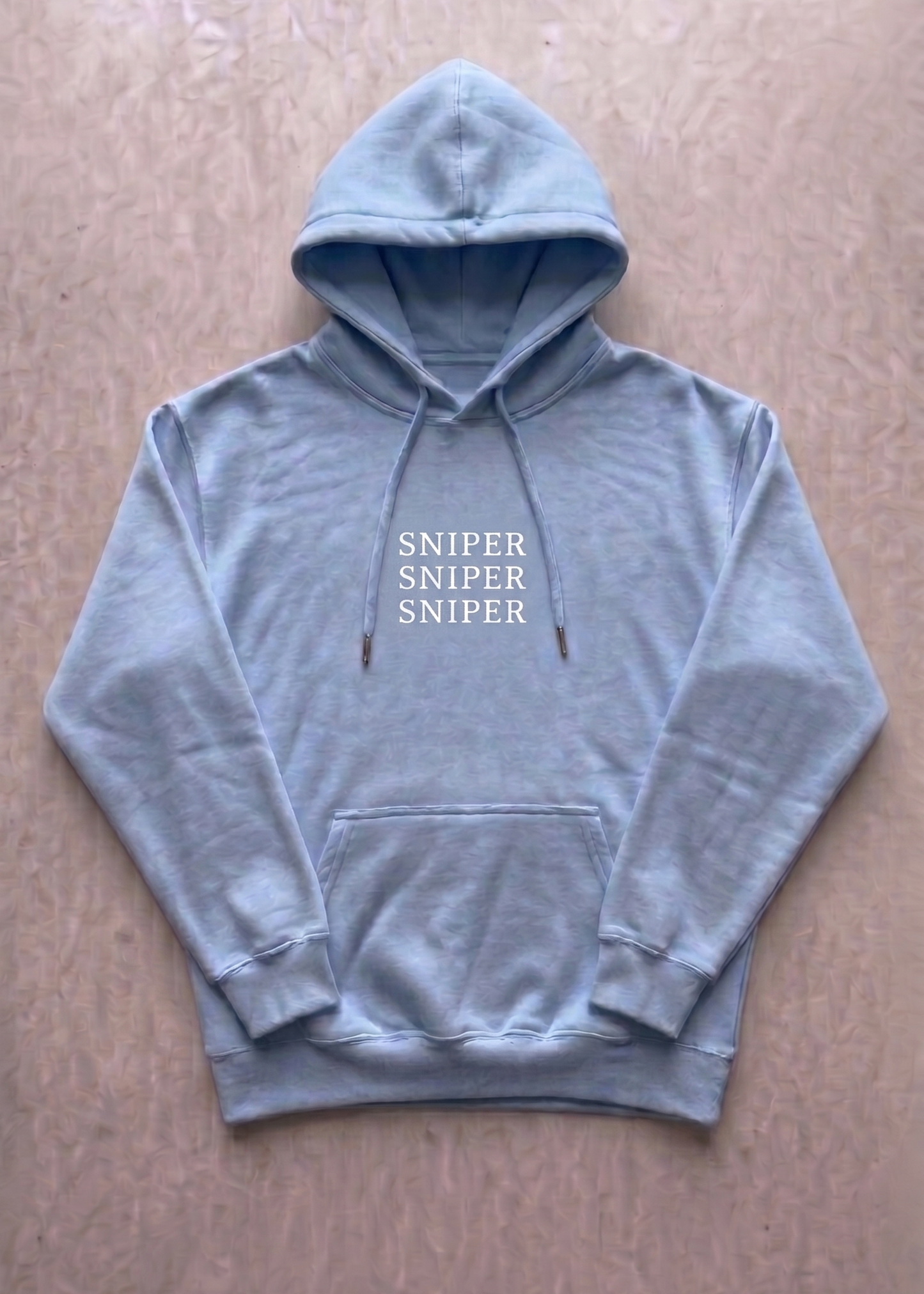 Gray hoodie with 'SNIPER SNIPER SNIPER' text on a beige background