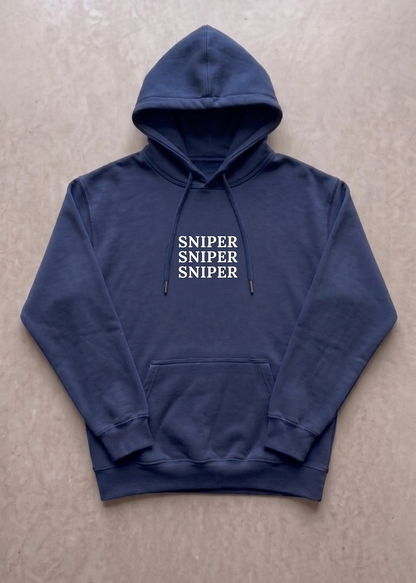 Navy blue hoodie with 'SNIPER SNIPER SNIPER' text on a beige background