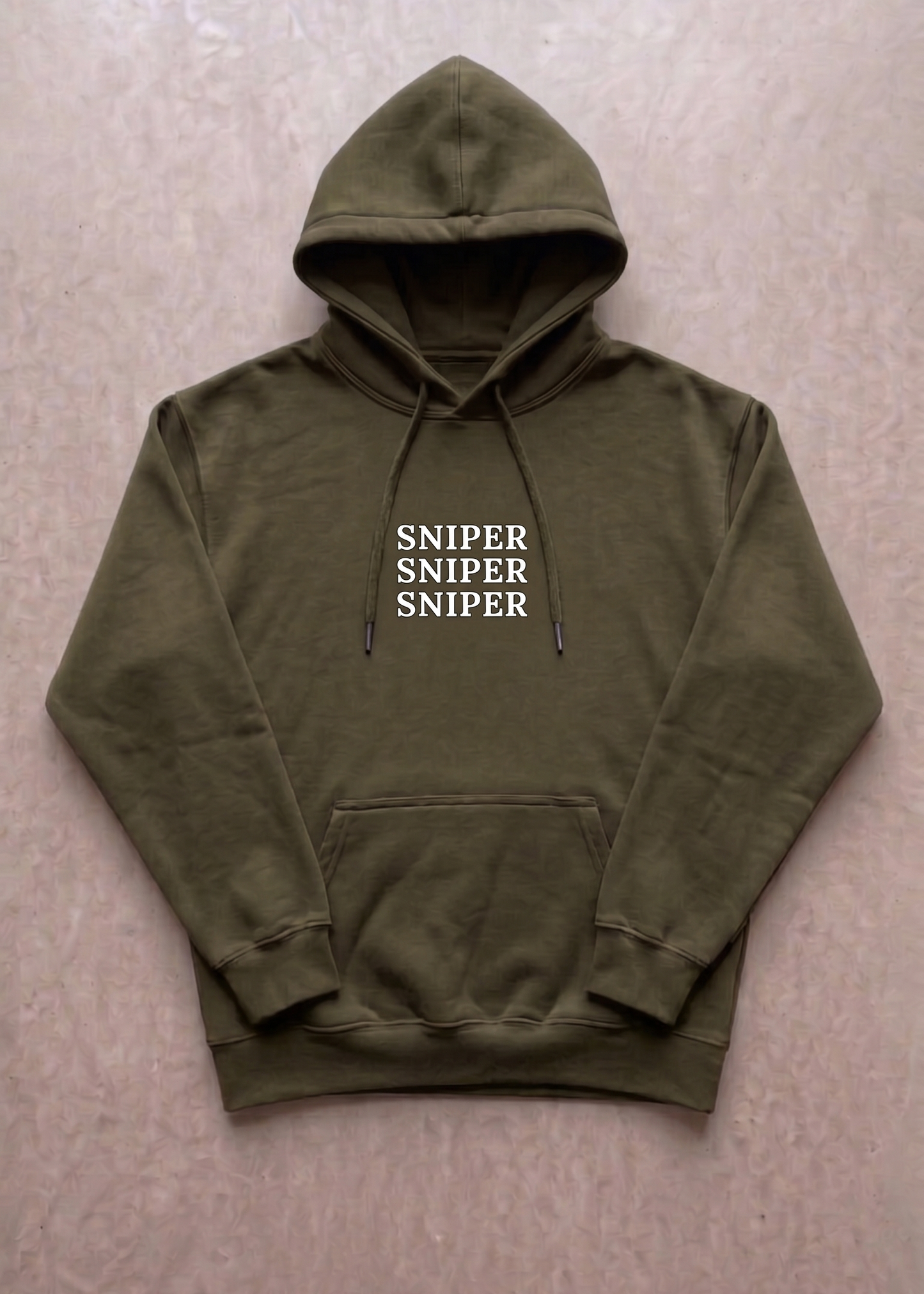 Green hoodie with 'SNIPER' text on a beige background