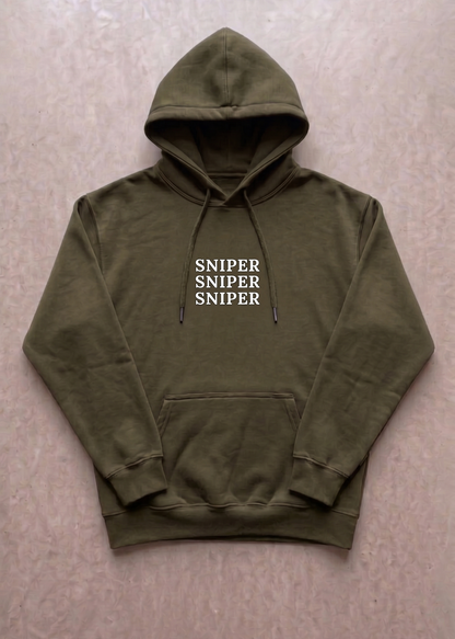 Green hoodie with 'SNIPER' text on a beige background