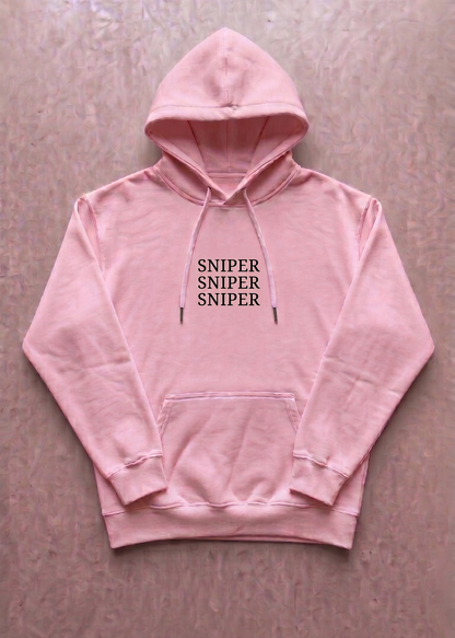 Pink hoodie with 'SNIPER' text on a beige background