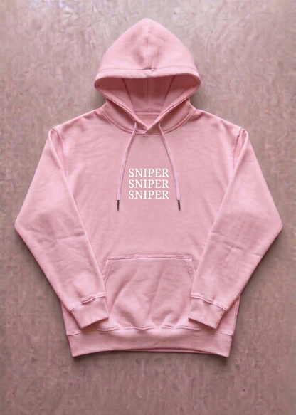Pink hoodie with 'SNIPER' text on a beige background