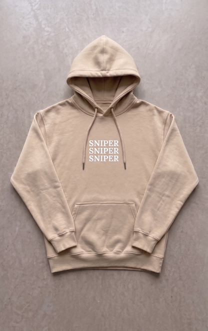 Beige hoodie with 'SNIPER SNIPER SNIPER' text on a gray background