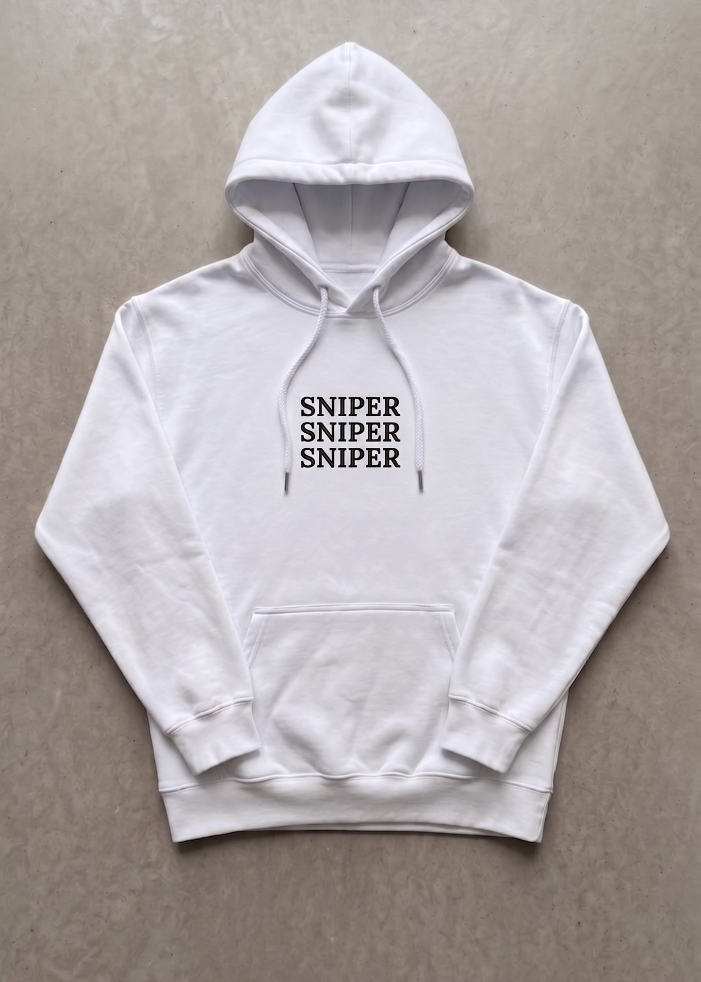 White hoodie with 'SNIPER SNIPER SNIPER' text on a gray background