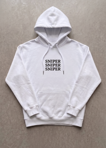 White hoodie with 'SNIPER SNIPER SNIPER' text on a gray background