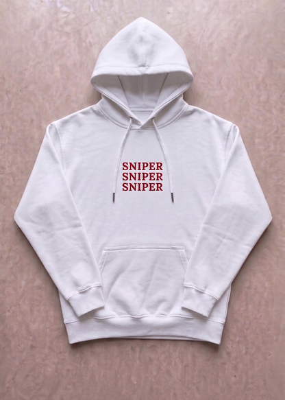 White hoodie with 'SNIPER SNIPER SNIPER' text on a beige background